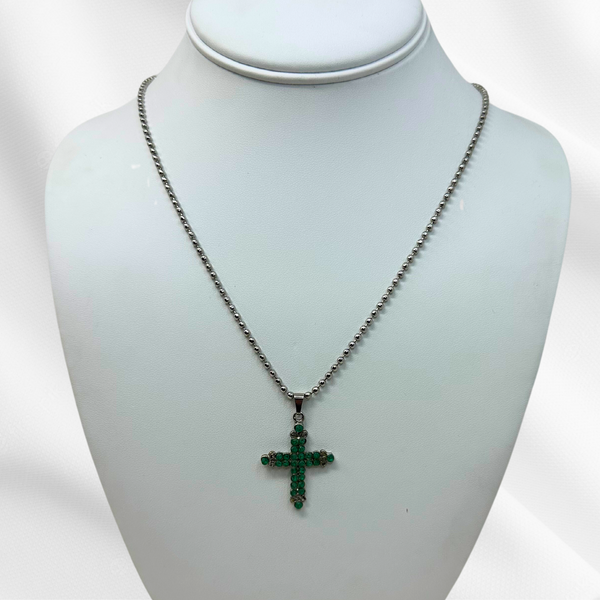 Green Rhinestone Cross Necklace
