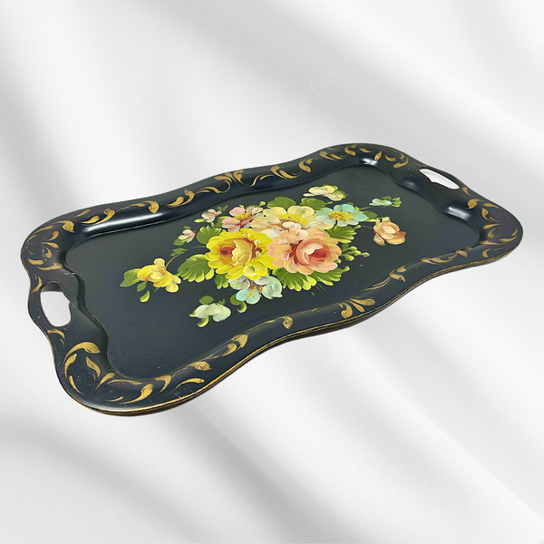 Hand-painted Black & Gold Floral Serving Tray
