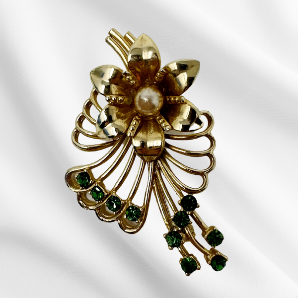 Austrian Emerald & Pearl Brooch