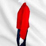 Red Pleated Shoulder Button-Up Blouse