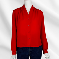 Red Pleated Shoulder Button-Up Blouse