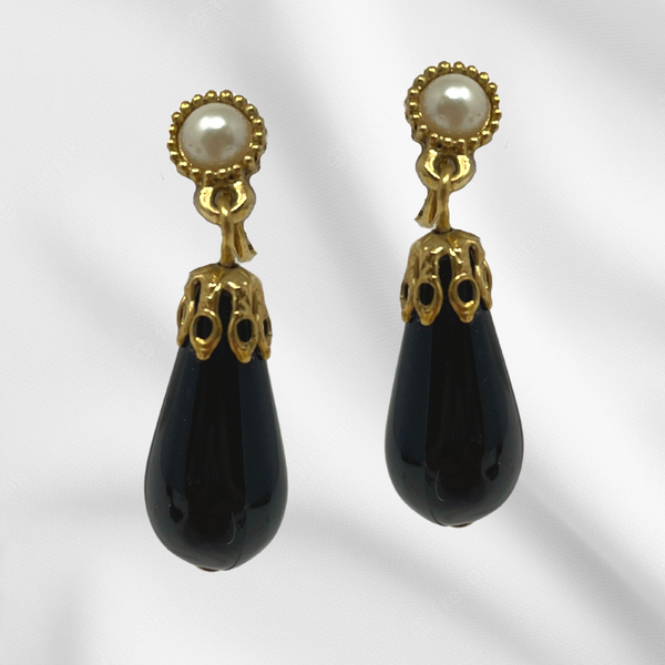Black & Gold Dangle Clip-On Earrings