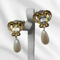 Gold Fleur De Lis Pearl & Crystal Earrings